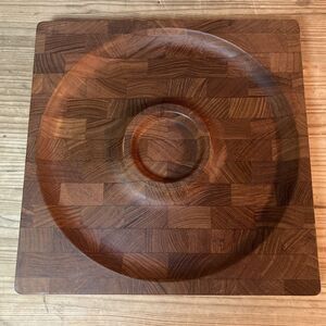 Vintage Denmark Checkered Teakwood Serving Tray Appetizer Chip Dip MCM 12" X 12"